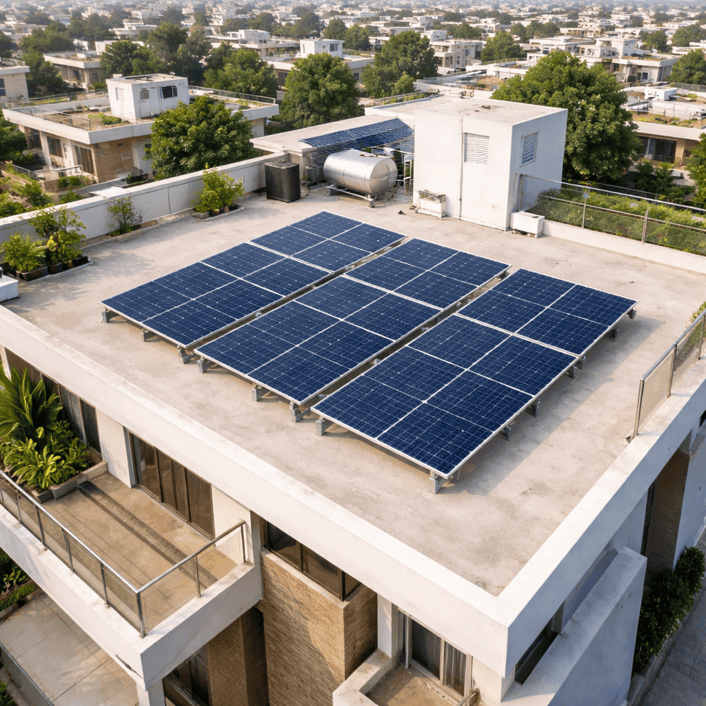 Modern residential villa with solar panels installed on rooftop in Hyderabad